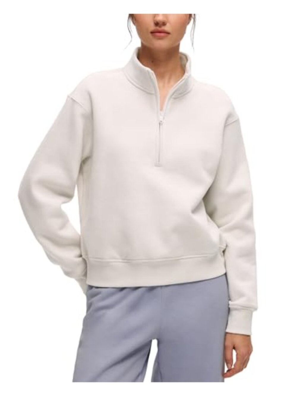 Fleece Lined Half Zip Sweatshirt Funnel Neck Waist Length Soft